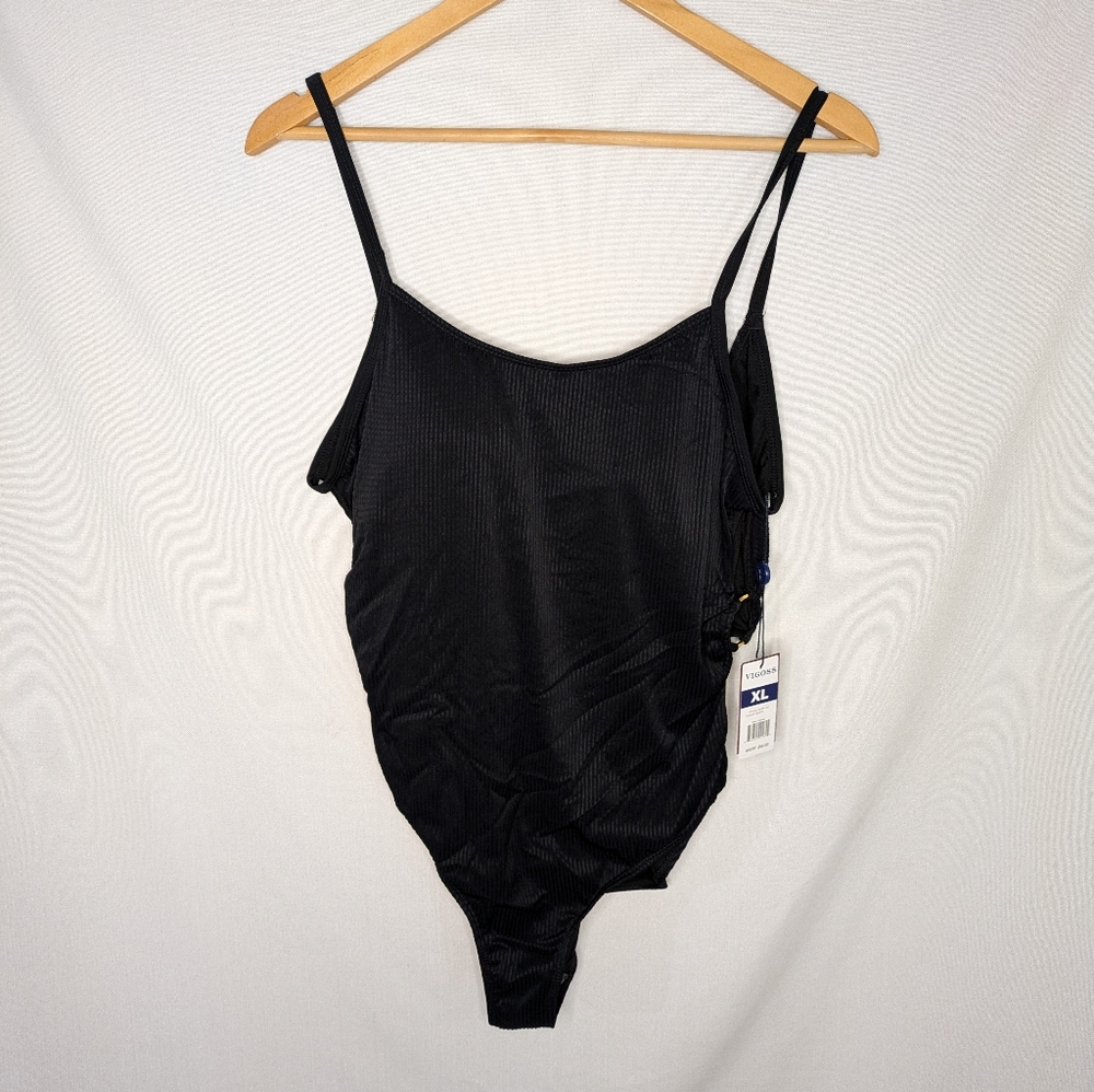 Vigoss NEW Black Ribbed Tank Cut Out Sides with Rings Swimsuit Size XL